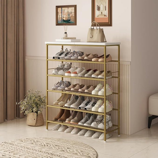 Shoe Rack Organizer 6 Tier for Closet Entryway Free Standing Metal Storage Shoe Shelf with MDF Top Board,Gold