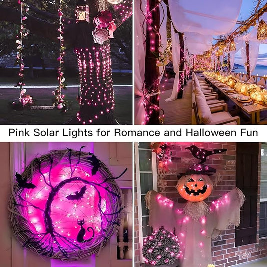 suddus Pink Solar String Lights for Outside, 2 Pack Total 66ft 200 Led Pink Fairy Light Outdoor, 8 Modes Solar Twinkle Light for Halloween Decor, Fence, Patio, Yard, and Party