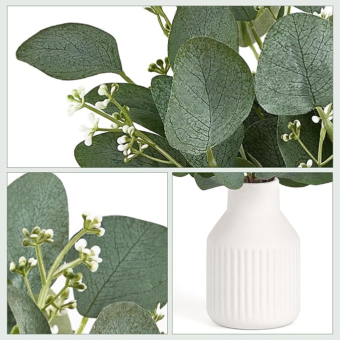 Dahey Artificial Eucalyptus Stems in White Ceramic Vase Centerpiece Table Decorations Modern Farmhouse Decor Fake Plants with Vase for Bathroom Kitchen Shelf Living Room Greenery Decor, 4 inches