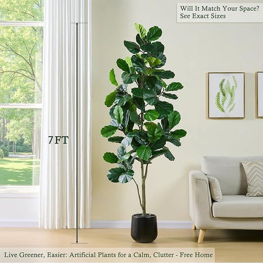 Artificial Fiddle Leaf Fig Tree:7FT Tall Faux Ficus Lyrata Plant Fake Fig Trees Realistic Green Silk Large Leaves with Natural Trunks & Pebbles in Black Planter for Indoor Outdoor Office Home.