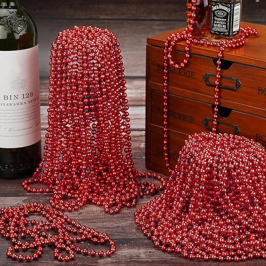 YAXINRUI 144 PCS Red Bead Necklaces, Red Christmas Mardi Gras Beads, Valentine Necklace, 33 Inch Round Beaded Necklace for Mardi Gras Christmas Valentine Festive Events Party Favors