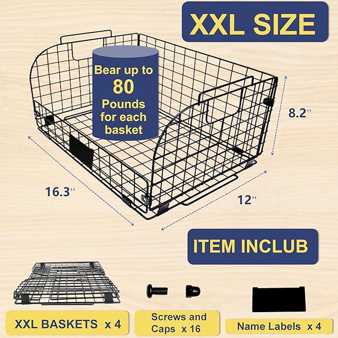 4 PACK XXL Stackable Wire Baskets for Storage Pantry,Fruit Basket For Kitchen Cabinet 16.3''x12''x8.2'' Metal Baskets For Organizing,Vegetable Fruit Snack Chips Onion Potato Cans Organization
