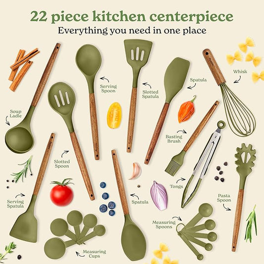 Silicone Kitchen Utensils Set & Holder: Cooking Utensils Set - Kitchen Essentials for New Home & 1st Apartment- Silicone Spatula Set, Cooking Spoons for Nonstick Cookware (Acacia Wood, Green)