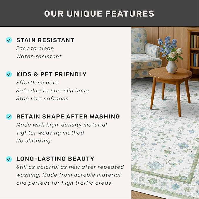 Oushak 3x20 Wide Hallway Runner Rug - Vintage Turkish Floral, Washable Low Pile Non Slip 20ft Extra Long Runners for Large Kitchen, Hall Way - Blue and Green Décor