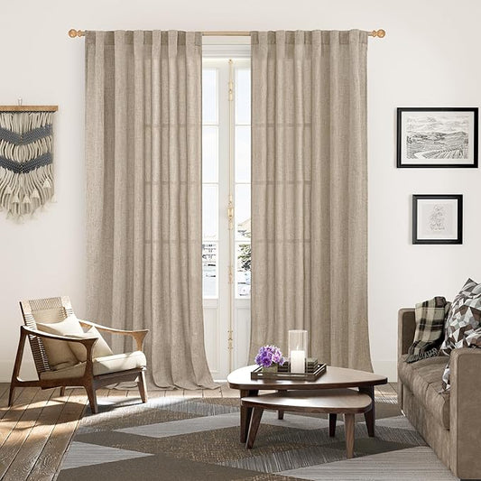 YoungsTex 90 Inch Length Linen Semi Sheer Curtains for Living Room, Dark Oatmeal Light Filtering Drapes with Rod Pocket Back Tab Textured Burlap for Bedroom, 52 X 90 Inch, 2 Panels