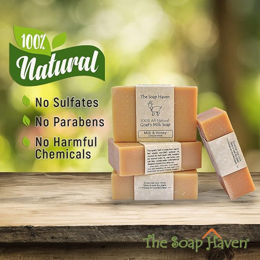 4 Goat Milk Soap Bars with Honey - Handmade in USA. All Natural Soap, Unscented, Fragrance Free, Fresh Goats Milk. Wonderful for Sensitive Skin and Babies. SLS, Paraben, GMO-Free