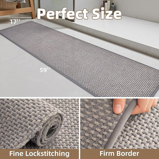 PADOOR-Bath Mat Runner-Super Absorbent Chenille Bathroom Mats-Rubber Backed Bath Mats for Bathroom Non Slip, Easy Clean Bathroom Runner Rugs Front of Bathtub,Shower Room,Sink-17×59, Grey&Beige