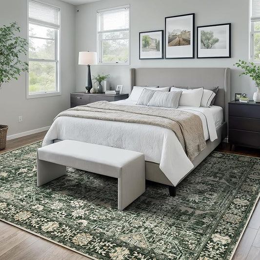 Area Rug 9×12 Washable Rugs for Bedroom, Vintage Floral Rug Soft Non Slip Stain Resistant Carpet for Living Room Dinning Room Kitchen Home Office Green Black