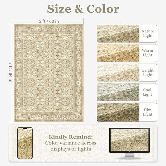 Warm Beige Area Rug 5x7, Non Slip Washable Rugs for Living Room Bedroom Low Pile Thin, Boho Neutral Floral Moroccan Pattern Printed Carpet Rug for Nursery Playroom Dining Room Home Office