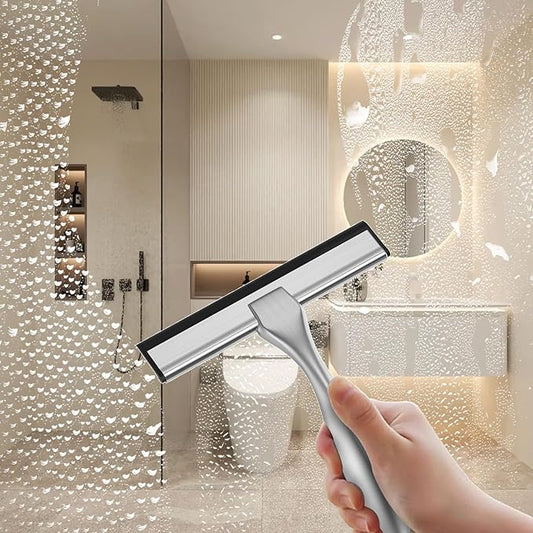 peafowl Shower Squeegee Stainless Steel Bath Squeegee for Shower Glass Doors Bathroom Windows Kitchen Mirror and Car Glass with Hooks Holder (Brushed Silver, 6 inch-2Pack)
