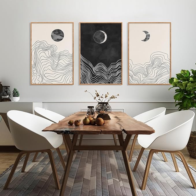 HLNIUC Black and White Abstract Wall Art Set of 3, Large Boho Framed Canvas Decor(16x24), Modern Celestial Sun Moon Painting, Geometric Line Mountain Art Print for Living Room, Bedroom, Office