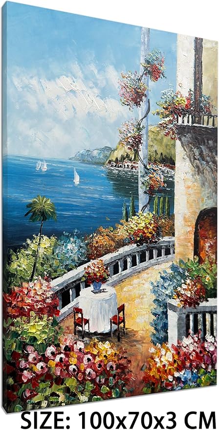 Alenoss Hand Painted Abstract Vertical Canvas Wall Art 28x40 Inches Large 3D Modern Acrylic Painting Mediterranean Sea Landscape Blue Artwork Wall Decor for Home Decorations