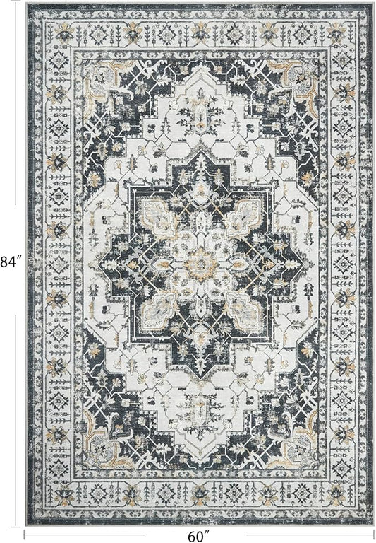 zesthome 5x7 Area Rugs, Machine Washable Rugs for Living Room, Bedroom,Stain Resistant Vintage Large Area Rug,Non-Slip Medallion Pattern Home Decor Rugs (Black,5'x7')