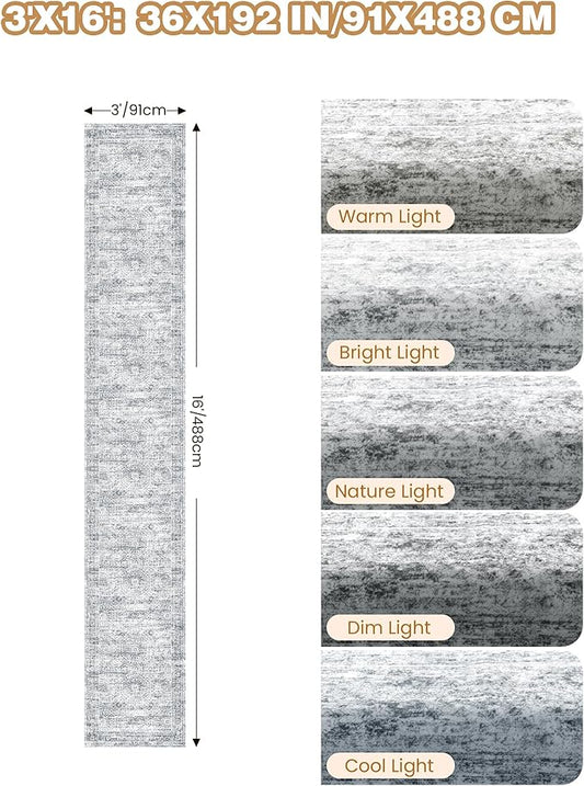 3x16 Washable Runner Rug for Hallway, Non-Slip Long Hallway Runner for Entryway, Soft Vintage Kitchen Mats for Floor, Abstract Dining Room, Bedroom, Living Room Rugs(3'x16', Grey/Ivory)