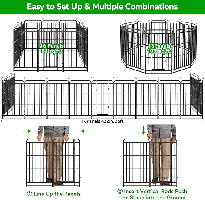 Dog Playpen Outdoor 16 Piece Panels Heavy Duty Dog Fence 32" Height with Thick Pipe Anti-Rust with Doors Portable for RV Camping Yard, Total 36FT, 103 Sq.ft, Snowy Black