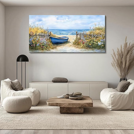 QIYILEXWART Large Wall Decor For Living Room Canvas Wall Art For Office Modern Wall Decorations For Bedroom Sea Side Boat Landscape Painting Farmhouse Pictures Artwork Room Home Decor 24x48 In