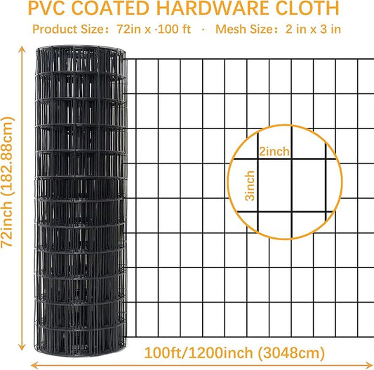 Black Metal Garden Fence, 72inch(H) x 100ft(L), 2 inch x 3 inch,14GA 2/3/4/5/6 Ft Tall Chicken Wire PVC Coated Welded Wire Mesh Roll for Dogs Border Yard Vegetable Plant Protection Poultry Netting