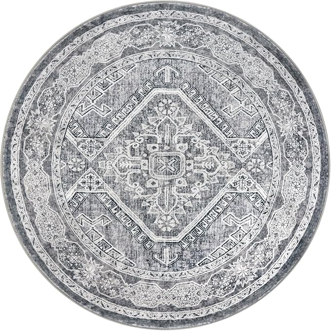 KUTA Oriental Round Rug 3ft, Grey Washable Boho Circle Indoor Area Rugs, Non-Slip Vintage Medallion Foyer Carpet for Entryway Farmhouse Kitchen Dining Room Table