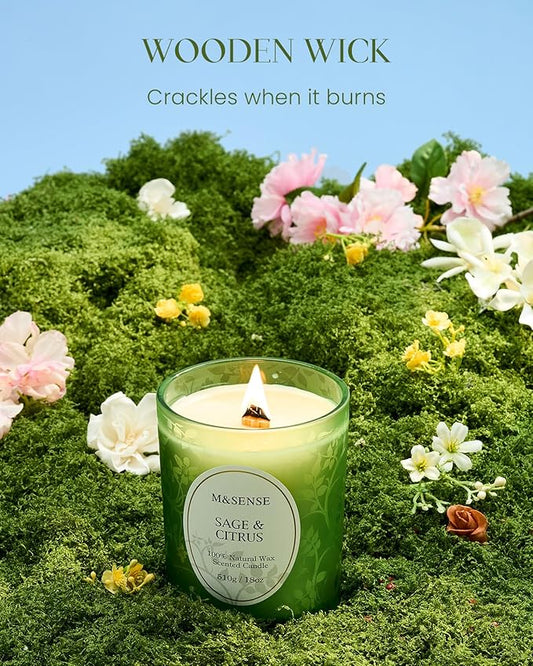 M&SENSE Sage Citrus Soy Candle, Cracking Wooden Wick 18oz 100 Hours Long Lasting Clean Burn, Large Jar Winter Aromatherapy Candle for Home Decor, Non-Toxic Relaxing Gifts for Women