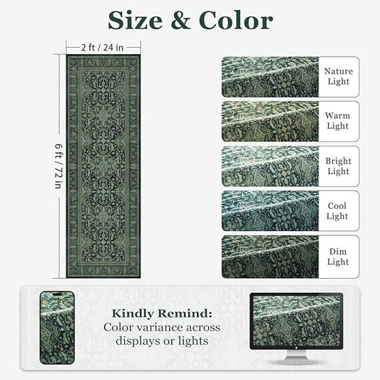 Dark Green Rug Runners for Hallways 2x6, Vintage Boho Entry Rug with Floral Moroccan Pattern Printed for Kitchen Bathroom, Washable Non Slip Runner Low Pile Thin for Laundry Room Bedside
