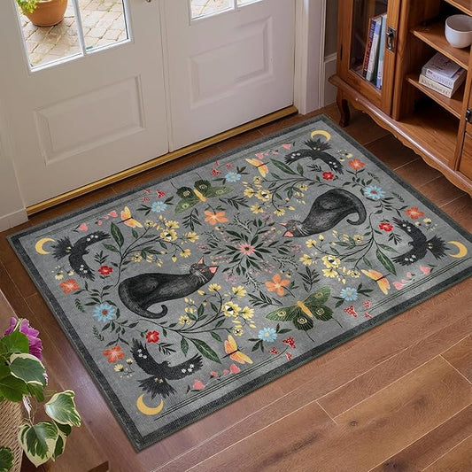 GarveeHome Cat Entryway Rug, 2x3 Mushroom Insect Grey Washable Front Door Rug Indoor Entrance Floral Carpet Non-Slip Low Pile Throw Rugs for Kitchen Floor, Powder Room, Entry, Bathroom, Kids Room
