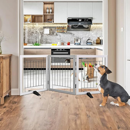 ZJSF Freestanding Dog Gate Indoor, Foldable Dog Fence for Doorways,Hallways or Stairs, Sturdy Wood Extra Wide Pet Gate with Support Feet,Grey,24 "Height-3 Panels