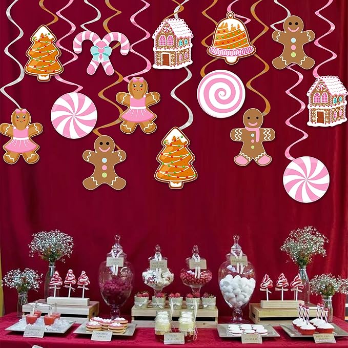 Christmas Gingerbread Man Party Hanging Swirl Decorations 20PCS Pink Merry Gingerbread House Christmas Tree Ceiling Decor Xmas Candy Hanging Streamers for Girls Winter Holiday Party Supplies