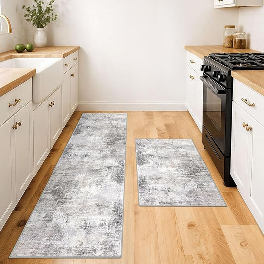 IOHOUZE Abstract Area Rugs and Runners Sets 2x3 and 2x6 Ft, Washable Entryway Rug and Runner Set, Non Slip Kitchen Rug Set, Printed Faux Wool Modern Floor Carpet for Hall Kitchen Entrance, Grey Beige