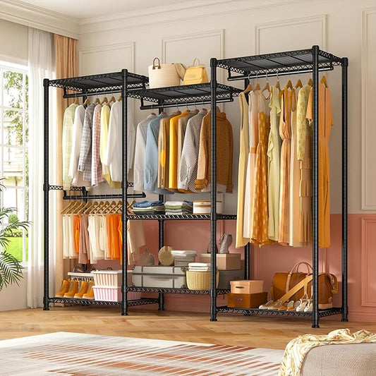 Raybee Clothes Rack Load 900Lbs, Heavy Duty Clothing Rack for Hanging Clothes Freestanding Garment Rack 77" H x 69'' W x 16'' D,Black