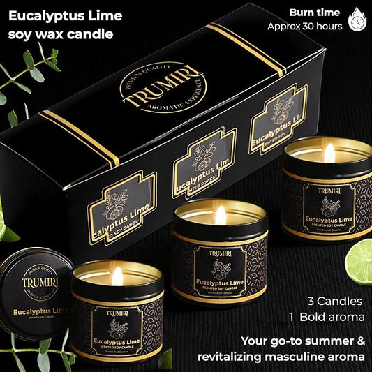 Eucalyptus Candle with Lime Strong Scented Soy Candel Natural Non Toxic Velas Aromáticas for Home Gift for Fall Christmas Holidays Pack of 3 5Oz Decorative Tin Jars with Lids