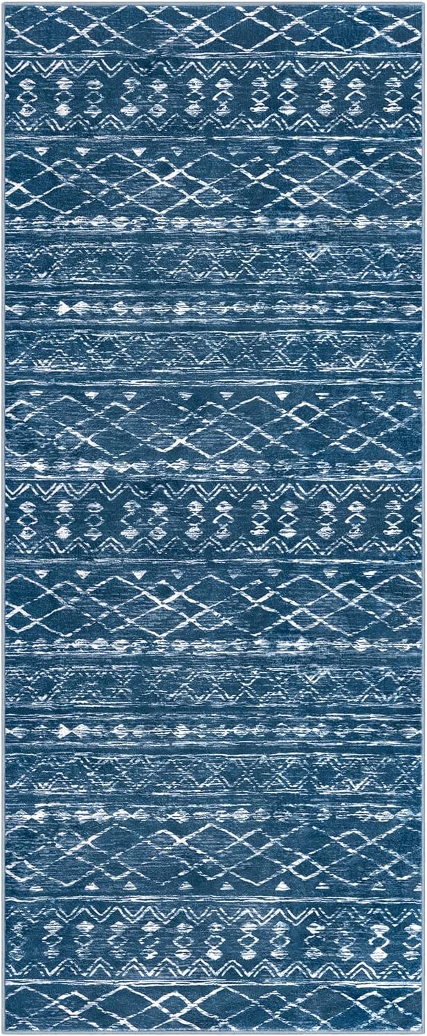 KUTA Moroccan Washable Hallway Runner Rug, 2x6 Non-Slip Vintage Blue Boho Rugs Kitchen Runners Ultra Soft Distressed Geometric Floor Carpet for Bedroom Laundry Living Room
