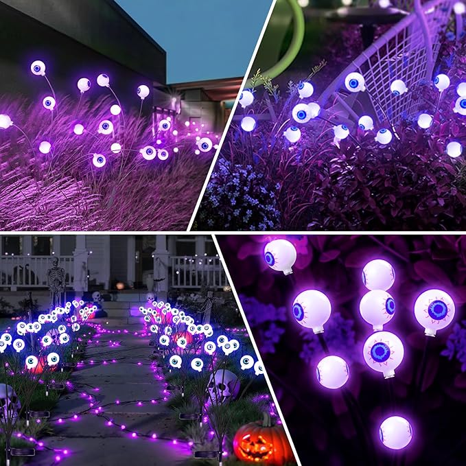Halloween Outdoor Decorations, Solar Scary Eyeball Lights, 4PACKS 24LED Solar Eyeball Pathway Lights, Steady On & Flash Outdoor Halloween, IP65 Waterproof decorations for Yard/Lawn/Decor(Purple)