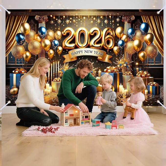Nuxovilar Happy New Year Banner, 2026 Golden Chandeliers Backdrop for Party Decorations, 71x43 Inch