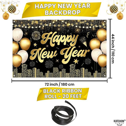 KatchOn, XtraLarge Happy New Year Banner - 72x44 Inch | Happy New Years Decorations 2026 | Happy New Year Backdrop, New Years Eve Party Supplies 2026 | New Years Eve Backdrop for NYE Decorations 2026