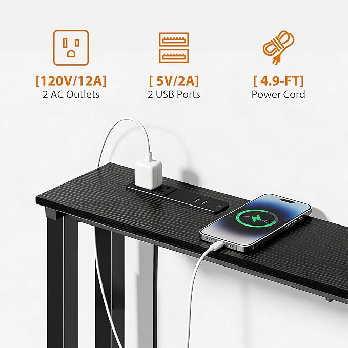 70" Narrow Console Sofa Table with Power Outlets & 2 USB Ports, L Shaped Behind Couch Table Skinny, 3 Assembly Options Entryway Tables with Charging Station for Living Room, Hallway, Black, 70IN