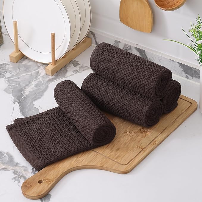 Kitinjoy 100% Cotton Waffle Weave Kitchen Towels, 8-Pack Super Soft and Absorbent Dish Towels for Drying Dishes, Kitchen Hand Towels, 13 in x 28 in, Dark Brown
