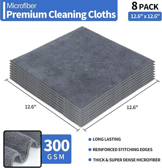 HOMERHYME Microfiber Cleaning Cloth, Premium 8 Pack Cleaning Towels, Lint-Free Streak-Free Ultra Absorbent, 300GSM Reusable Microfiber Towel for Cars Shop Garage Home Kitchen, 12.6" x 12.6" Grey