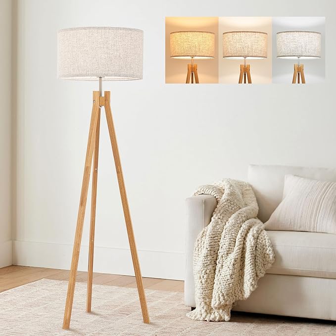 ELYONA Nordic Wood Tripod Floor Lamp, Modern Reading Standing Lamp for Living Room 3 Color Temperatures LED Bulb Included Flaxen Lamp Shade, Boho Natural Wooden floor lamp for Bedroom Office Kids Room