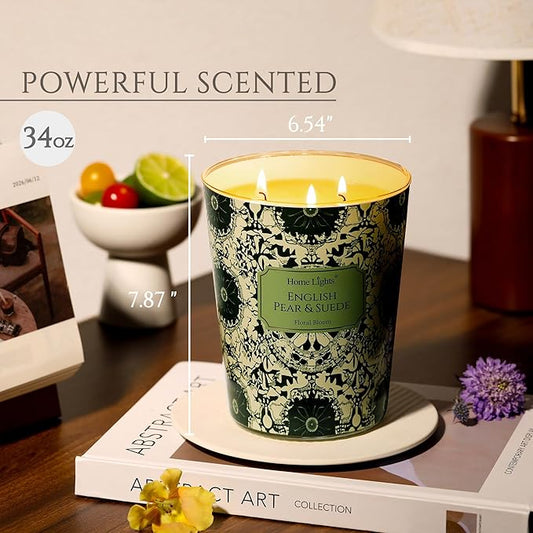 HomeLights Scented Candles | Large Jar 34 Oz Natural Soy Candle | 130 hrs Long-Lasting with 3 Wicks | Bohemian Natural for Home Decor | Gifts for Mom & Women, English Pear & Suede