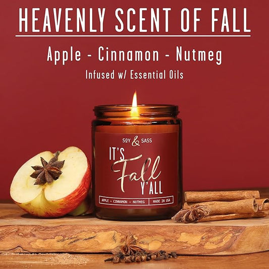 Fall Candles - 'It's Fall Yall' Candle w/Apple Cinnamon & Nutmeg I Infused with Essential Oils I Autumn Scented Candles I Cozy Cute Décor Gifts I 9oz Jar I 50Hr Burn I Made in USA