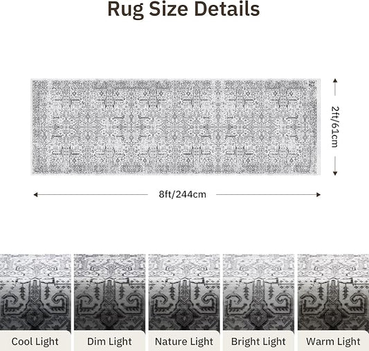 Washable 2x8 Runner Rug - Non Slip Vintage Kitchen Runner Rugs Low-Pile Distressed Long Rugs for Hallway Waterproof Indoor Carpet for Living Room Bedroom Entryway 2'x8' Grey