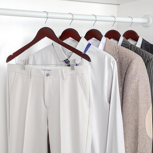TOPIA HANGER Wooden Suit Hangers with Adjustable Metal Clips (10 Pack), Solid Wood Clothes Hangers, 360° Swivel Hook, Premium Pants Hangers for Clothes Coat, Jeans, Blouse- Cherry CT28M