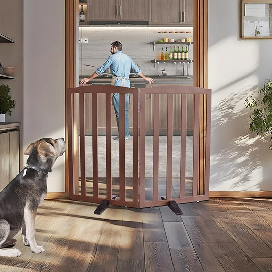 ZJSF Foldable Freestanding Indoor Dog Gate for House Wood Long Pet Gates Dog Fence for Stairs Puppy Gates for Hallways, Puppy Gate,Support Feet Included, Brown, 32 "Height-2 Panels