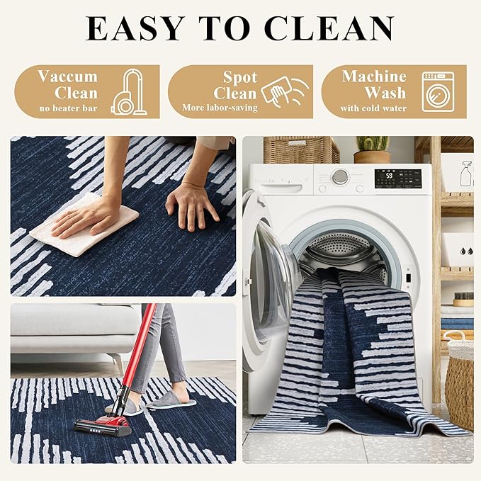 HelloTree Hallway Runner Rug,2x8 Moroccan Modern Stripe Carpet Washable Machine Bathroom Runner Bohemian Design Modern Soft Non Slip Indoor Rug for Entryway Hallway Laundry Room Bedroom-Blue
