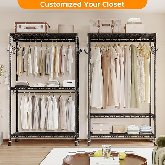 Homeiju Heavy Duty Rolling Garment Rack with Adjustable Wire Shelving, 3 Tiers Clothes Rack with Double Rods and Side Hooks, Freestanding Wardrobe Storage Rack Metal Clothing Rack, Black