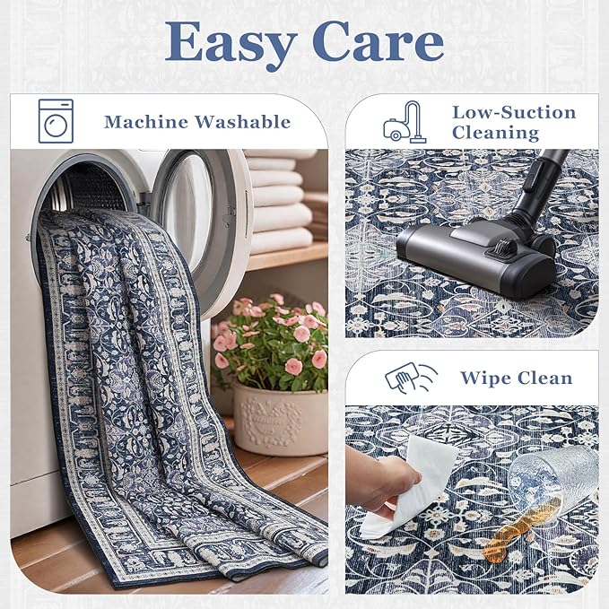 Dark Blue Entry Rugs Indoor, 2x3 Small Door Rugs for Entryway/Kitchen/Bathroom, Washable Non Slip Low Pile Thin Door Mat Indoor Entrance, Boho Floral Moroccan Trellis Printed Transitional Style