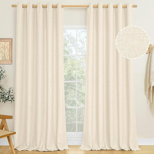 LAMIT Natural Light Beige Linen Textured Curtains for Bedroom, Grommet Thermal Insulated Thick Curtains Burlap Light Filtering Panels for Living Room/Outdoor/French Door, Set of 2 Panels, W60 x L84