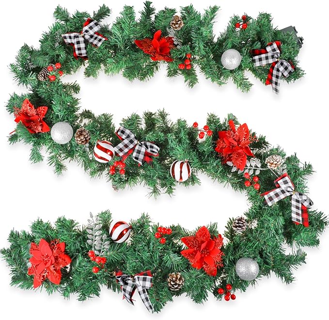 Christmas Garland with Lights,Pre-lit 9ft Christmas Decorations with 50 LED Lights,with Waterproof Battery Box,Indoor&Outdoor Use,for Stairs Fireplace Front Door Porch Home (Battery NOT Include)