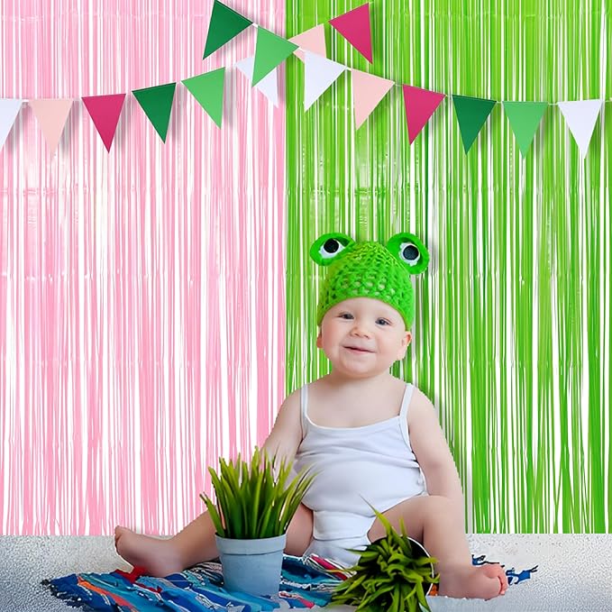 BRAVESHINE Party Streamers Backdrop - 2 Pack 3.2ft X 8.2ft Tinsel Foil Fringe Curtains for Christmas/Fairy/Girl/Birthdays/Wizard/Bridal Shower/Photos Booths/Pink and Green Party Decorations