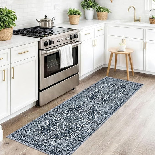 KUTA Vintage Washable Runner Rug, 2x6 Navy Blue Runners for Hallways Non-Slip Kitchen Rugs Ultra Soft Printed Distressed Floral Carpet for Laundry Bedroom Living Room Nursery